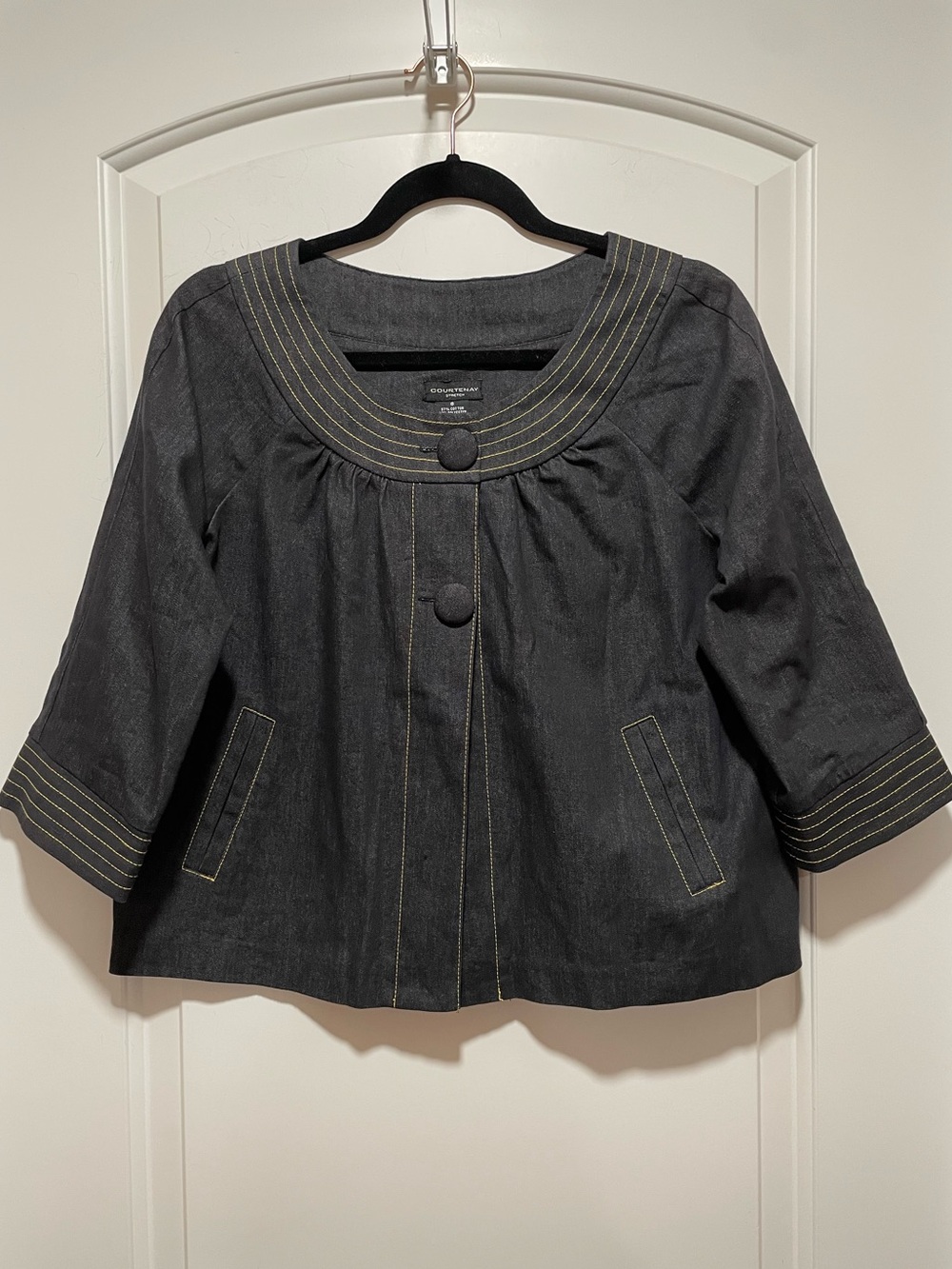 Darkest Blue Stretch Denim Cropped Shirt Jacket Gold Stitch 3/4 Sleeves Sz 8 M